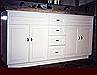 White Painted Double Sink Vanity Cabinet. Flat Panel Full Overlay door style.
